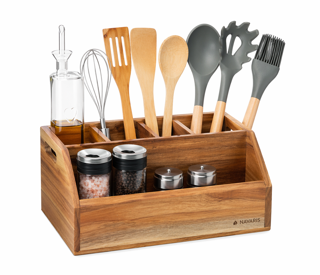 Küchenutensilienhalter Holz 5 Fächer Besteckkorb Organizer Tisch Küche
