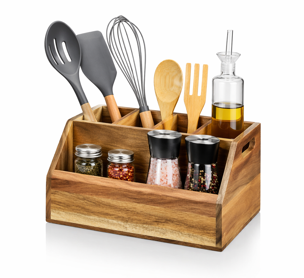 Küchenutensilienhalter Holz 5 Fächer Besteckkorb Organizer Tisch Küche
