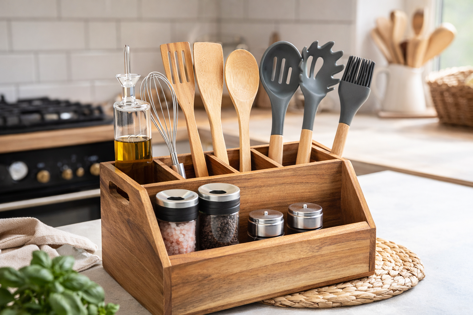 Küchenutensilienhalter Holz 5 Fächer Besteckkorb Organizer Tisch Küche