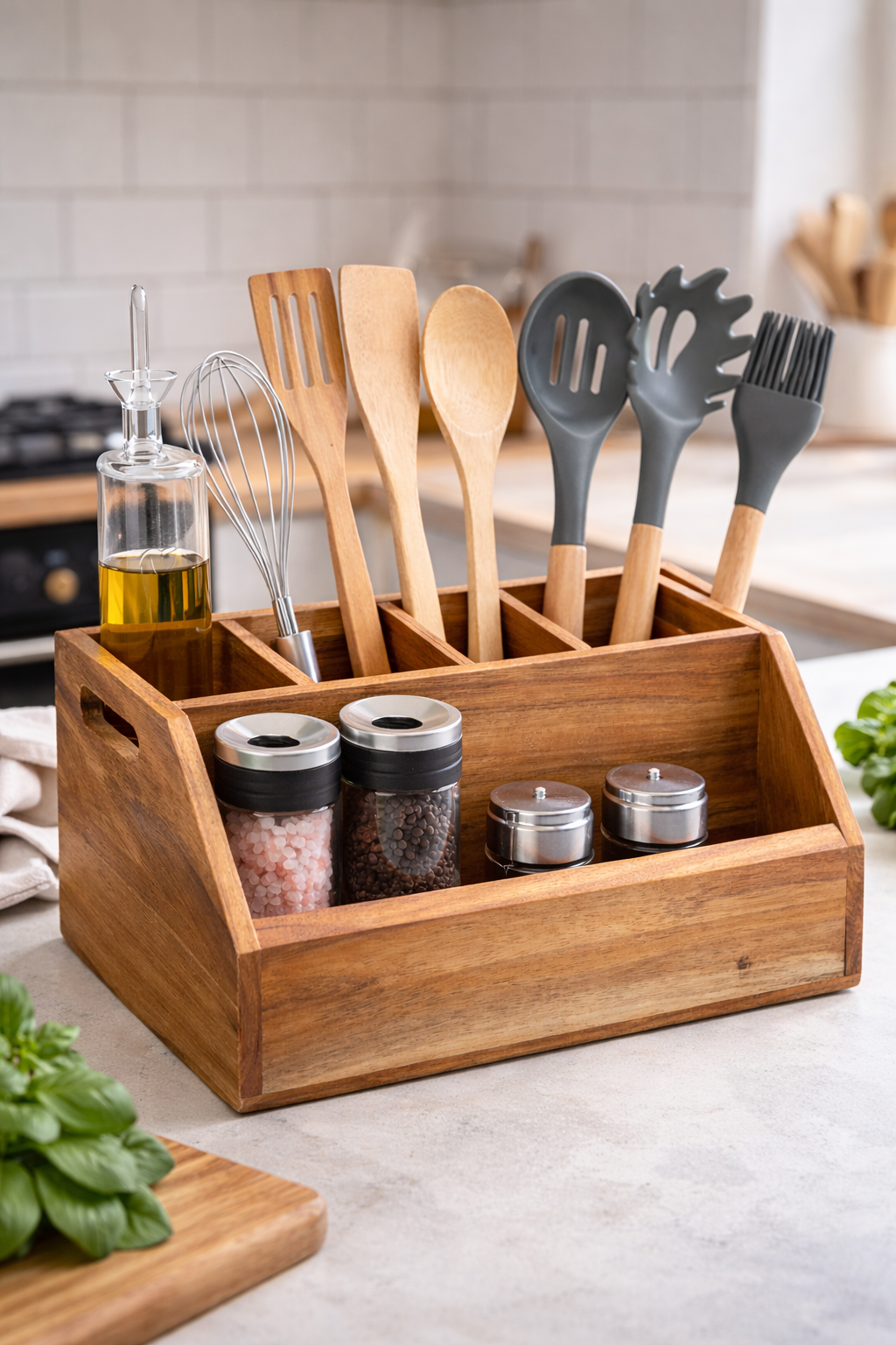 Küchenutensilienhalter Holz 5 Fächer Besteckkorb Organizer Tisch Küche