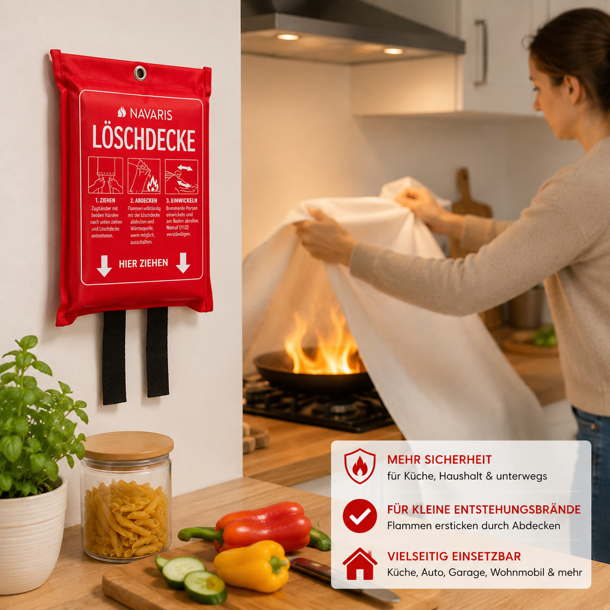 Navaris Löschdecke 2er Set Feuerlöschdecke Glasfaser 120x120cm Küche Auto