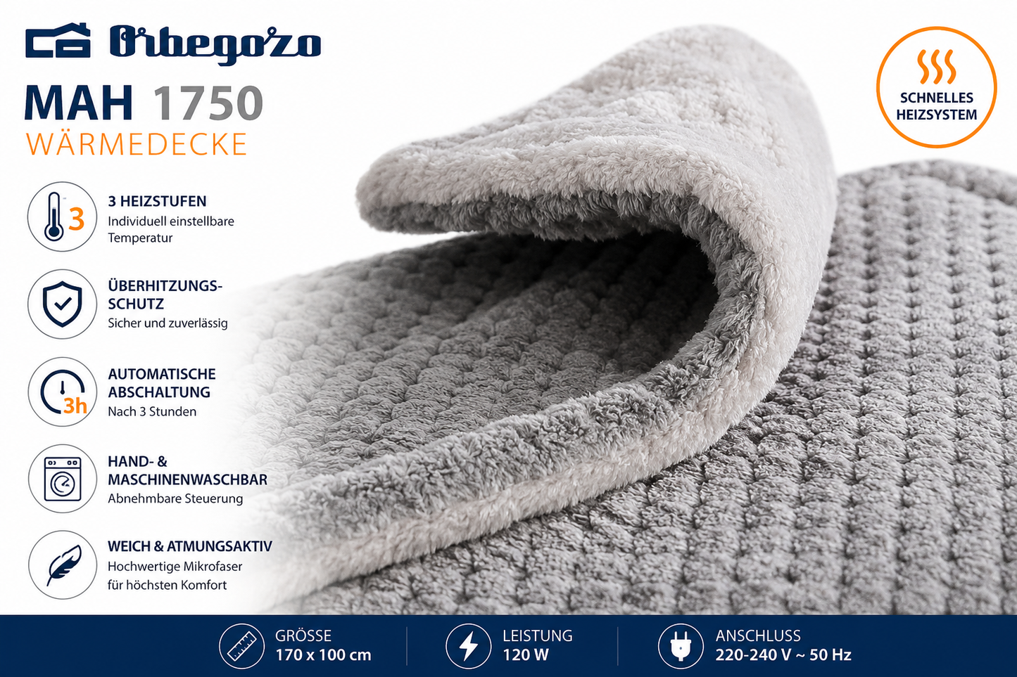 Orbegozo MAH 1750 Wärmedecke 170x100cm Elektrisch 120W 3 Heizstufen Grau