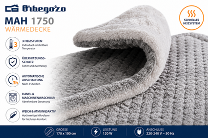 Orbegozo MAH 1750 Wärmedecke 170x100cm Elektrisch 120W 3 Heizstufen Grau
