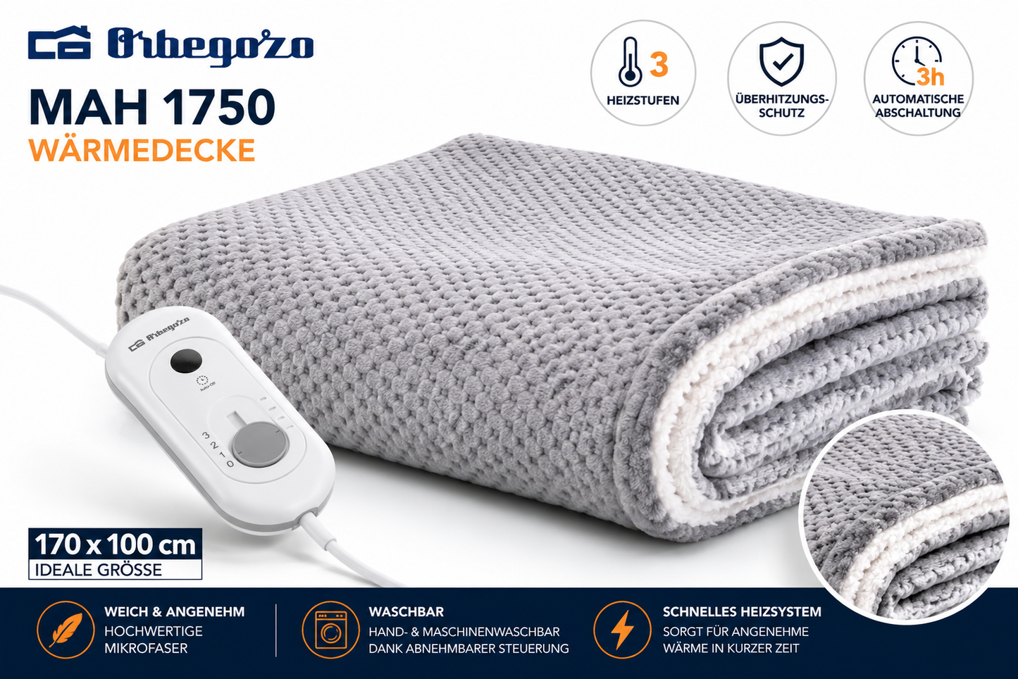 Orbegozo MAH 1750 Wärmedecke 170x100cm Elektrisch 120W 3 Heizstufen Grau