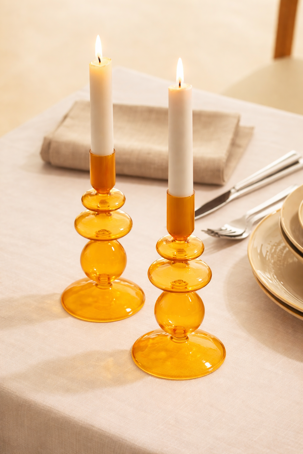 Navaris 2x Glas-Kerzenhalter für Stabkerzen - Kerzenständer Glas Stabkerzen - Kerzenständer Glas Stumpenkerzen - Stab Kerzenhalter 2er Set - Orange