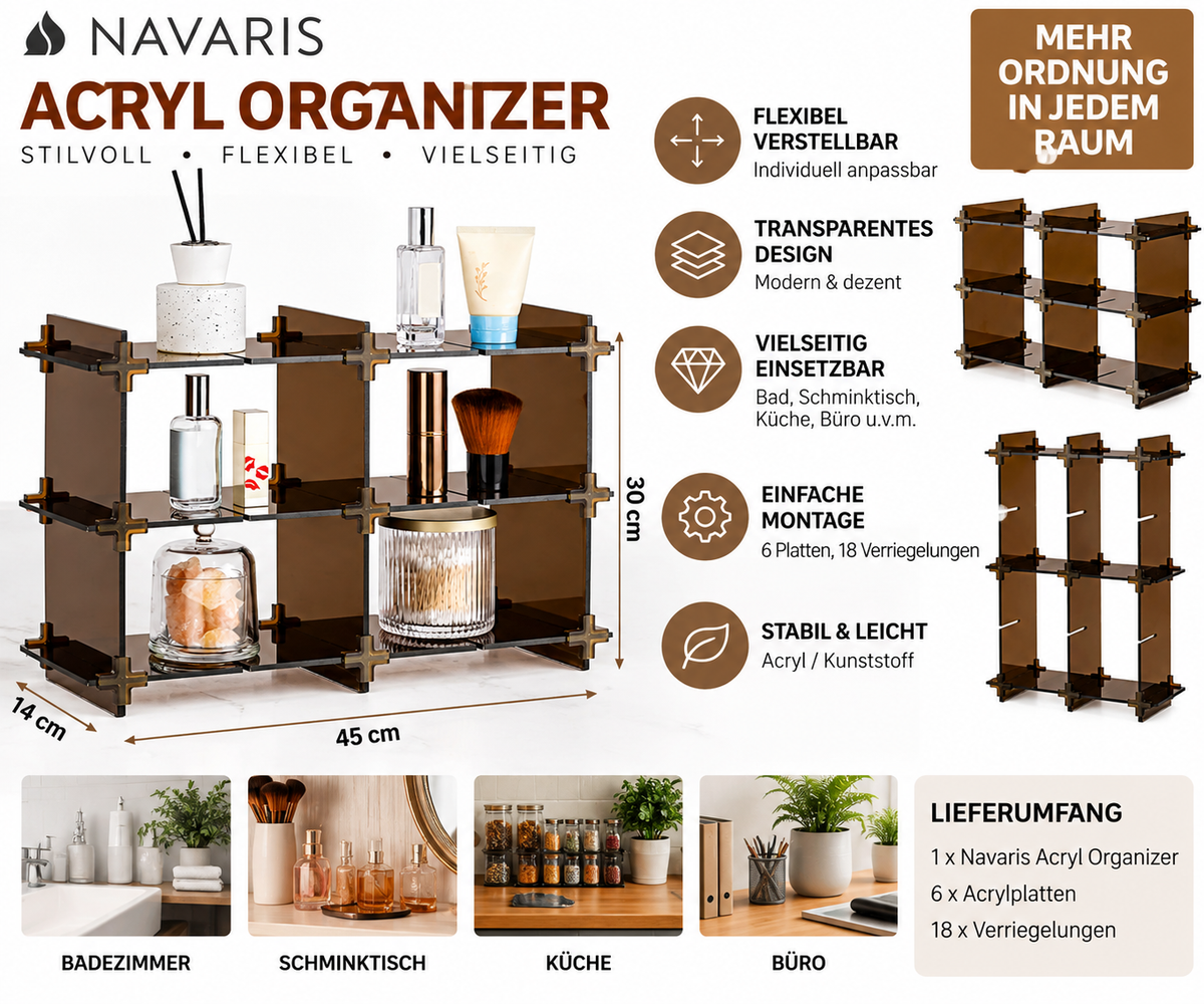 Navaris Kosmetik Organizer Acryl Regal verstellbar Braun 45x14x30 cm Bad Make-up