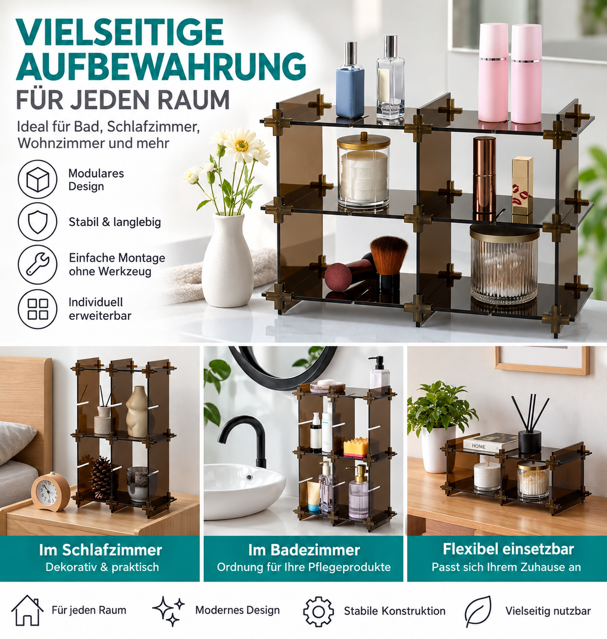 Navaris Kosmetik Organizer Acryl Regal verstellbar Braun 45x14x30 cm Bad Make-up