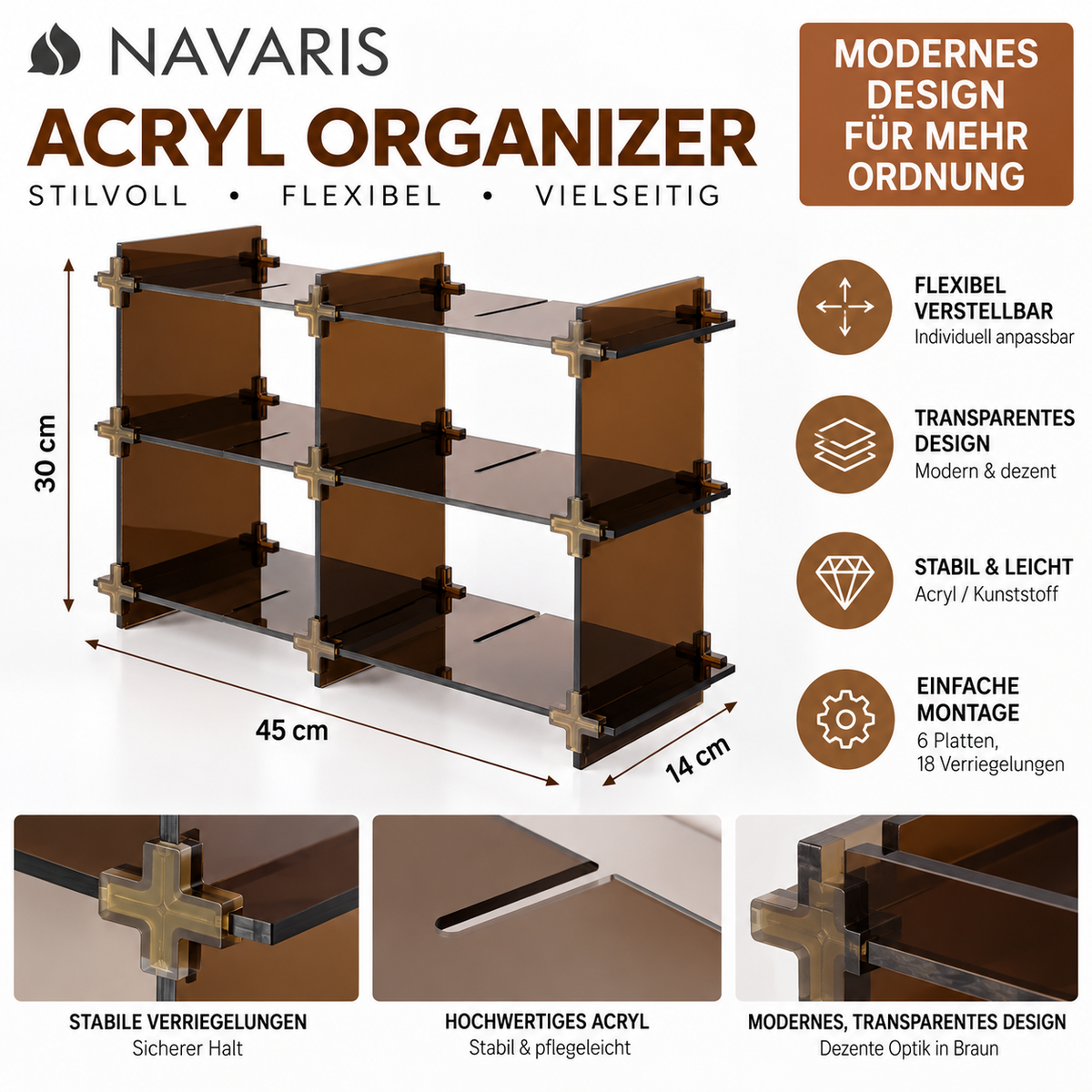 Navaris Kosmetik Organizer Acryl Regal verstellbar Braun 45x14x30 cm Bad Make-up