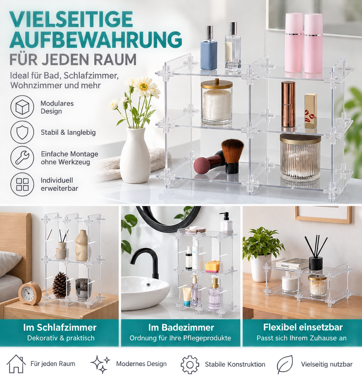 Navaris Acryl Organizer verstellbar Bad Kosmetik Regal Transparent 45x14x30 cm