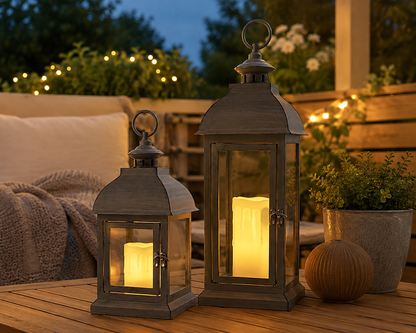 ELAMBIA 2 Outdoor Laternen LED Kerzen Timer 1500h Garten Terrasse 30+40 cm