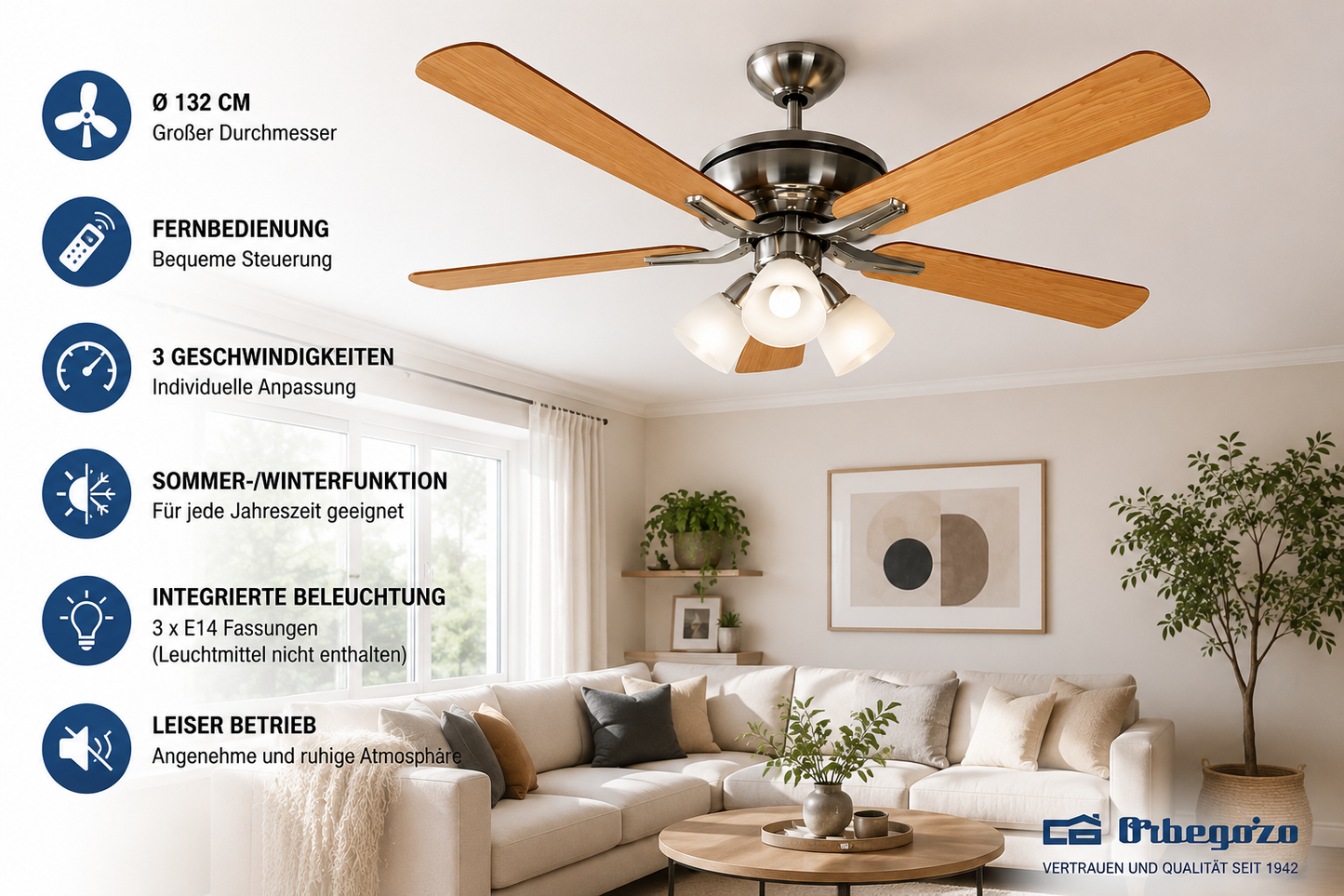 Orbegozo CP 68132 Deckenventilator mit Licht Fernbedienung Ø132cm 60W