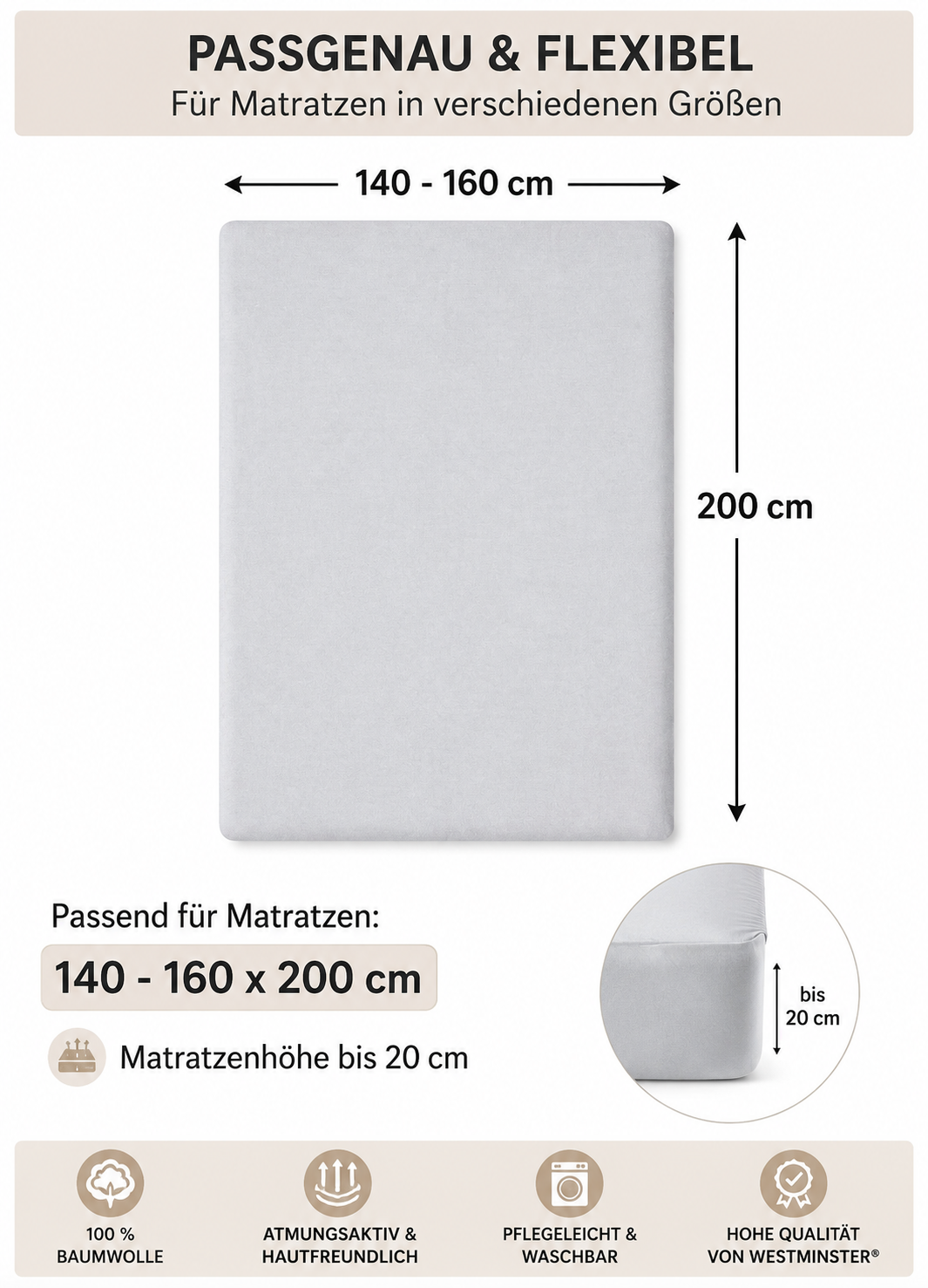 WESTMINSTER Biber Spannbetttuch 140-160x200 cm Weiß 100% Baumwolle