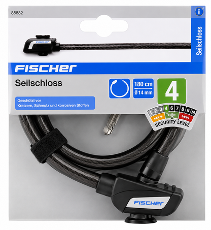 FISCHER Seilschloss Fahrradschloss 180cm Ø14mm Security Level 4 2 Schlüssel