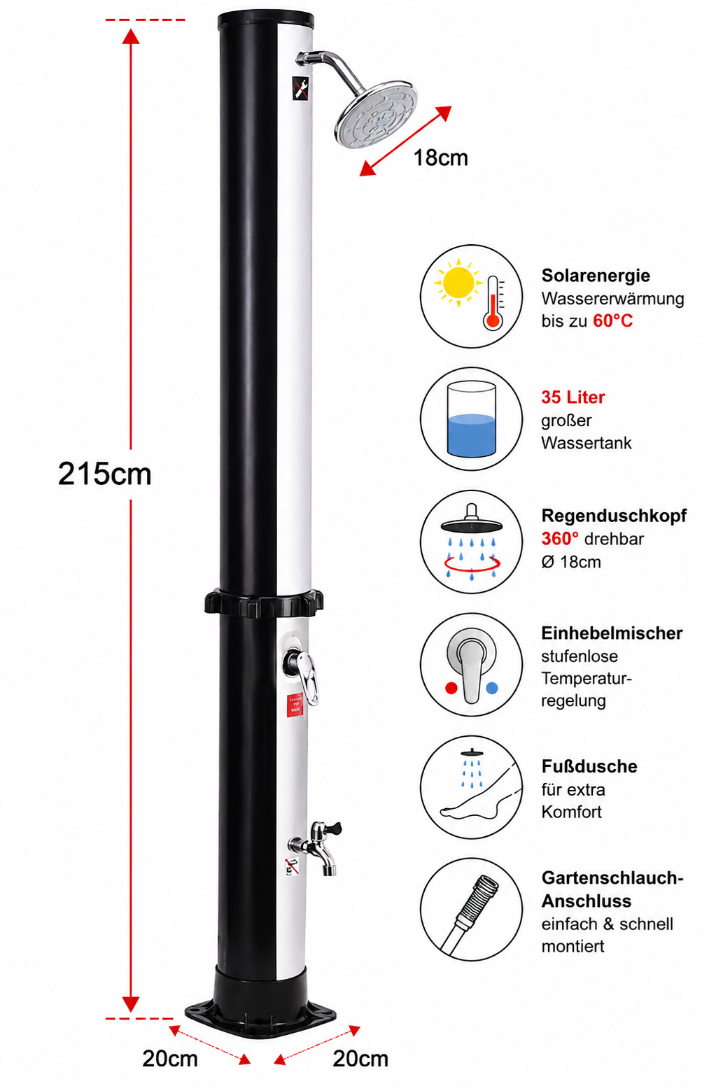 DMS Solardusche 35L Gartendusche Solar Pooldusche Camping Regendusche Schwarz