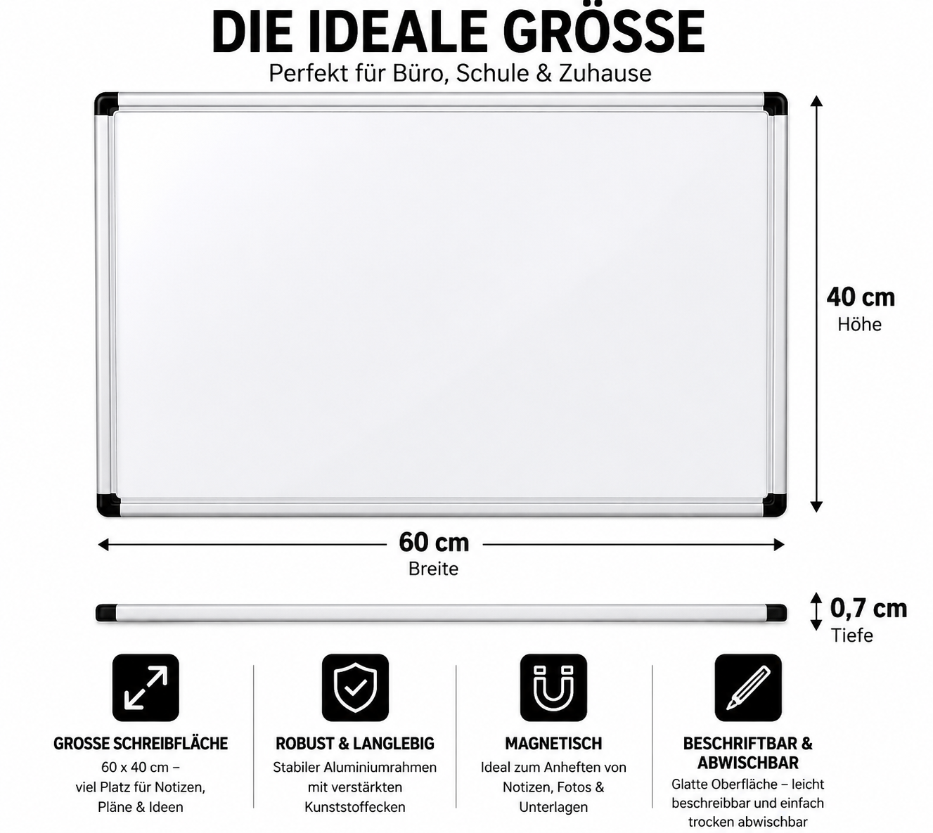 Magnettafel Whiteboard 60x40 beschreibbar Büro Pinnwand inkl Marker