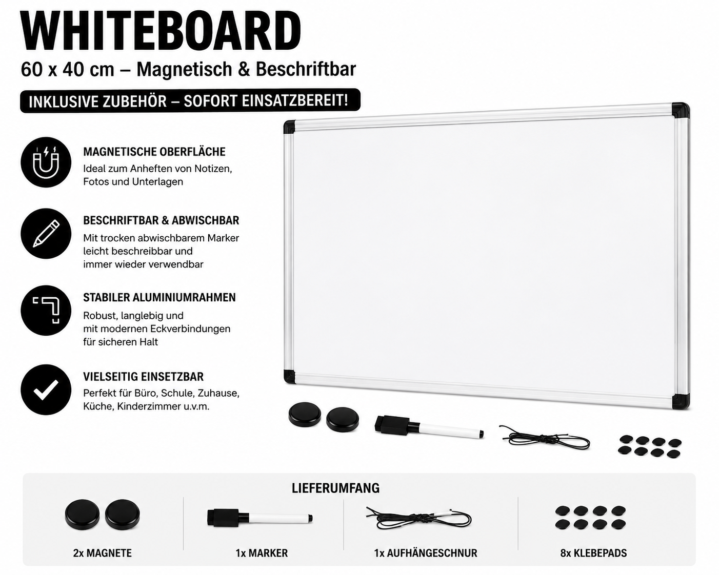 Magnettafel Whiteboard 60x40 beschreibbar Büro Pinnwand inkl Marker