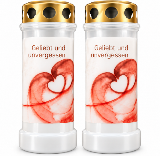 2x Bolsius Grabkerze Grablicht Geliebt & Unvergessen Golddeckel Weiß Herzen