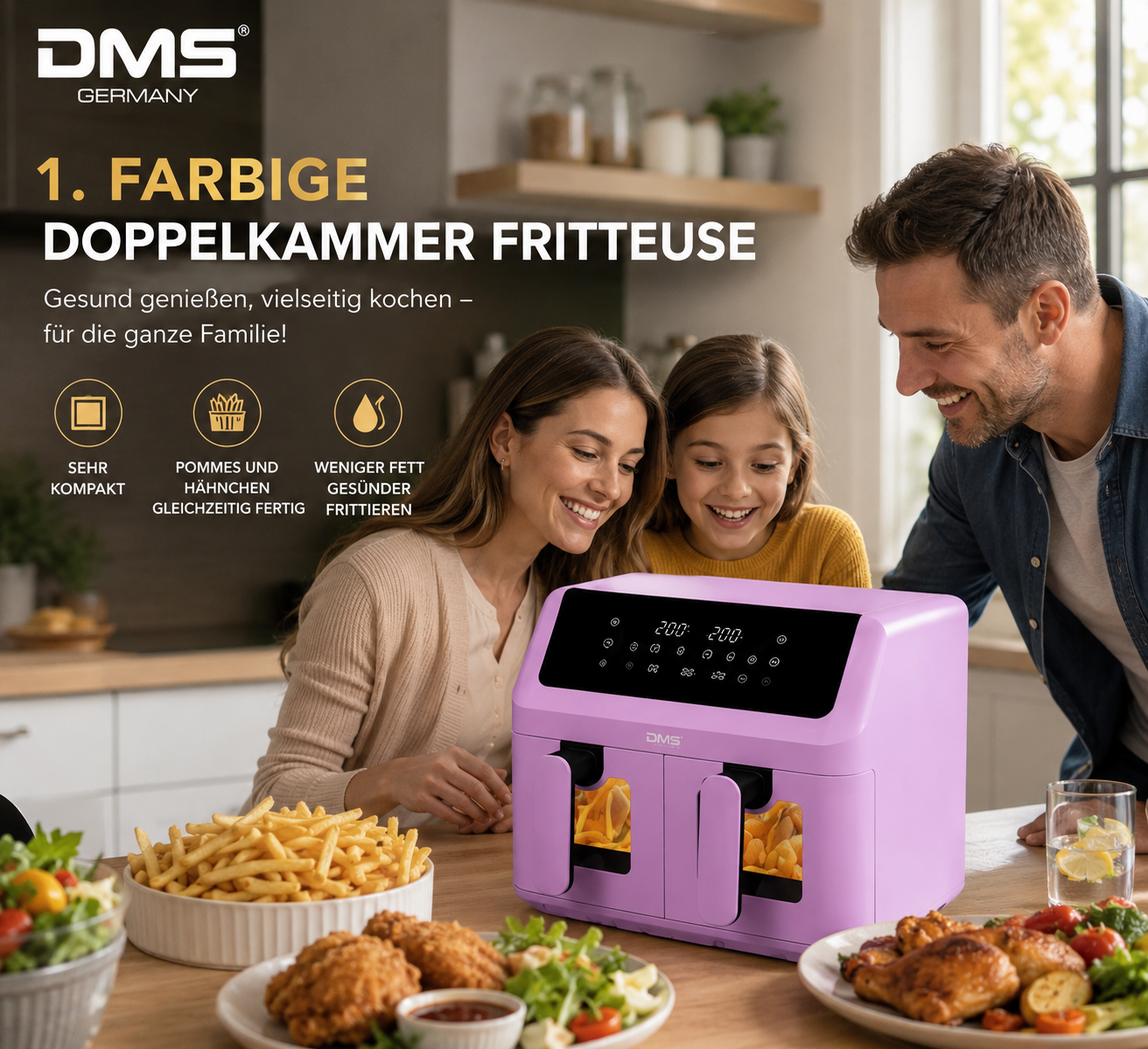 DMS Heißluftfritteuse 9L Dual Zone Doppelkammer 2000W Air Fryer Touch