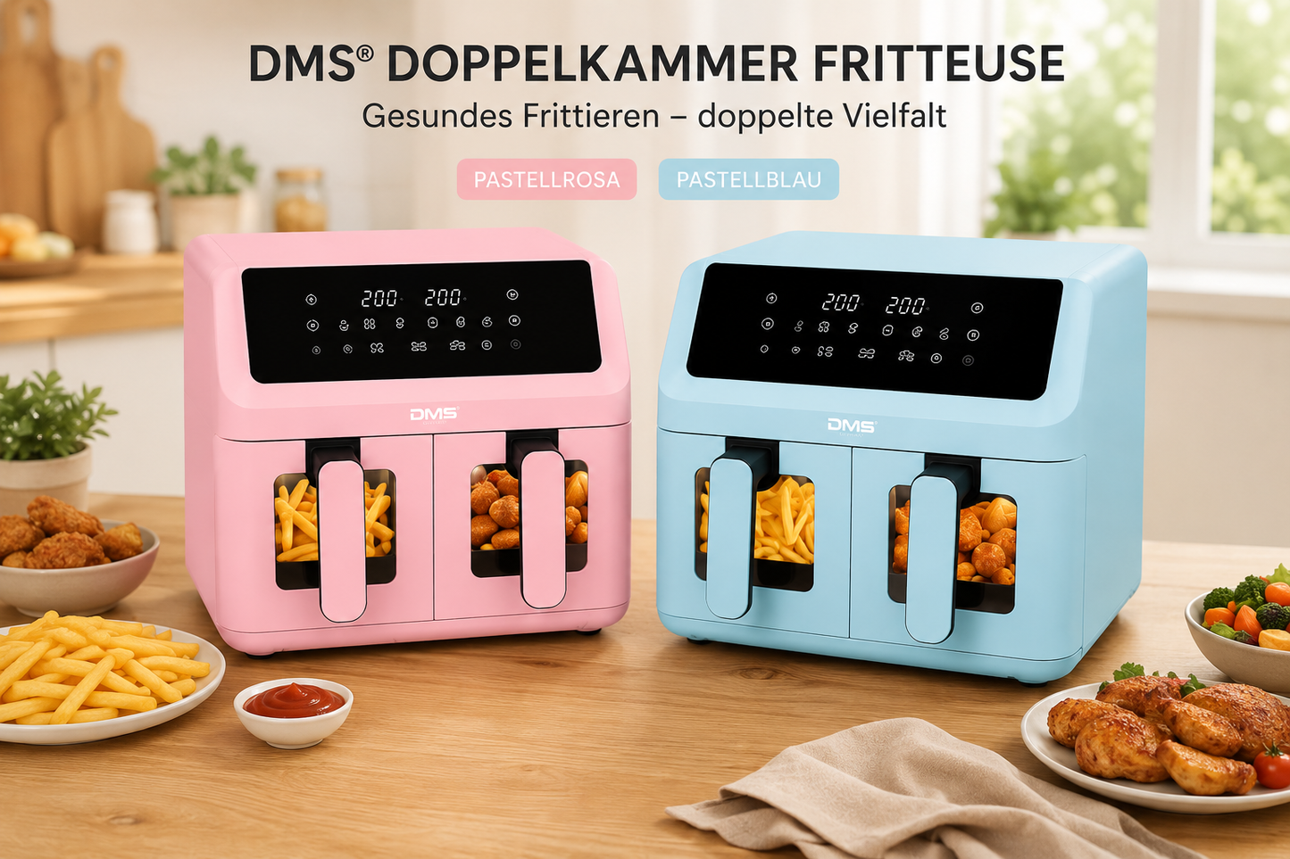 DMS Heißluftfritteuse 9L Dual Zone Doppelkammer 2000W Air Fryer Touch