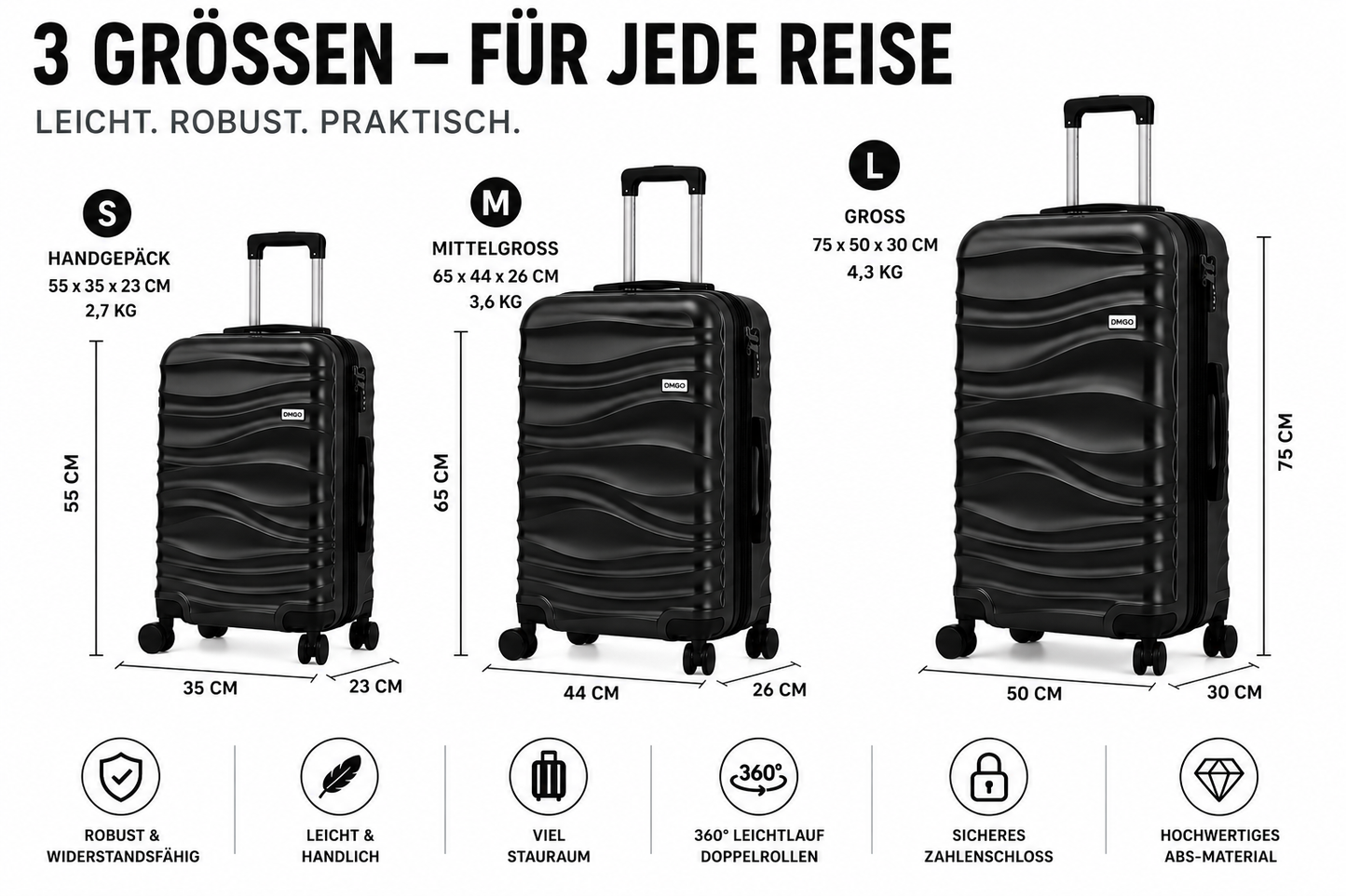 DMS® 7tlg Hartschalenkofferset Koffer Reisekoffer Trolley ABS-Hartschale