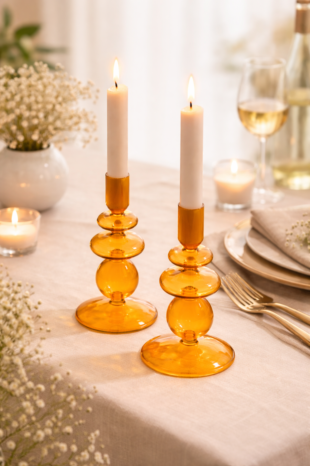 Navaris 2x Glas-Kerzenhalter für Stabkerzen - Kerzenständer Glas Stabkerzen - Kerzenständer Glas Stumpenkerzen - Stab Kerzenhalter 2er Set - Orange