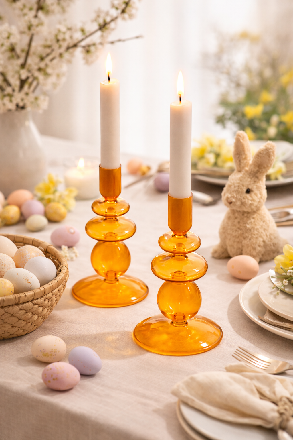 Navaris 2x Glas-Kerzenhalter für Stabkerzen - Kerzenständer Glas Stabkerzen - Kerzenständer Glas Stumpenkerzen - Stab Kerzenhalter 2er Set - Orange