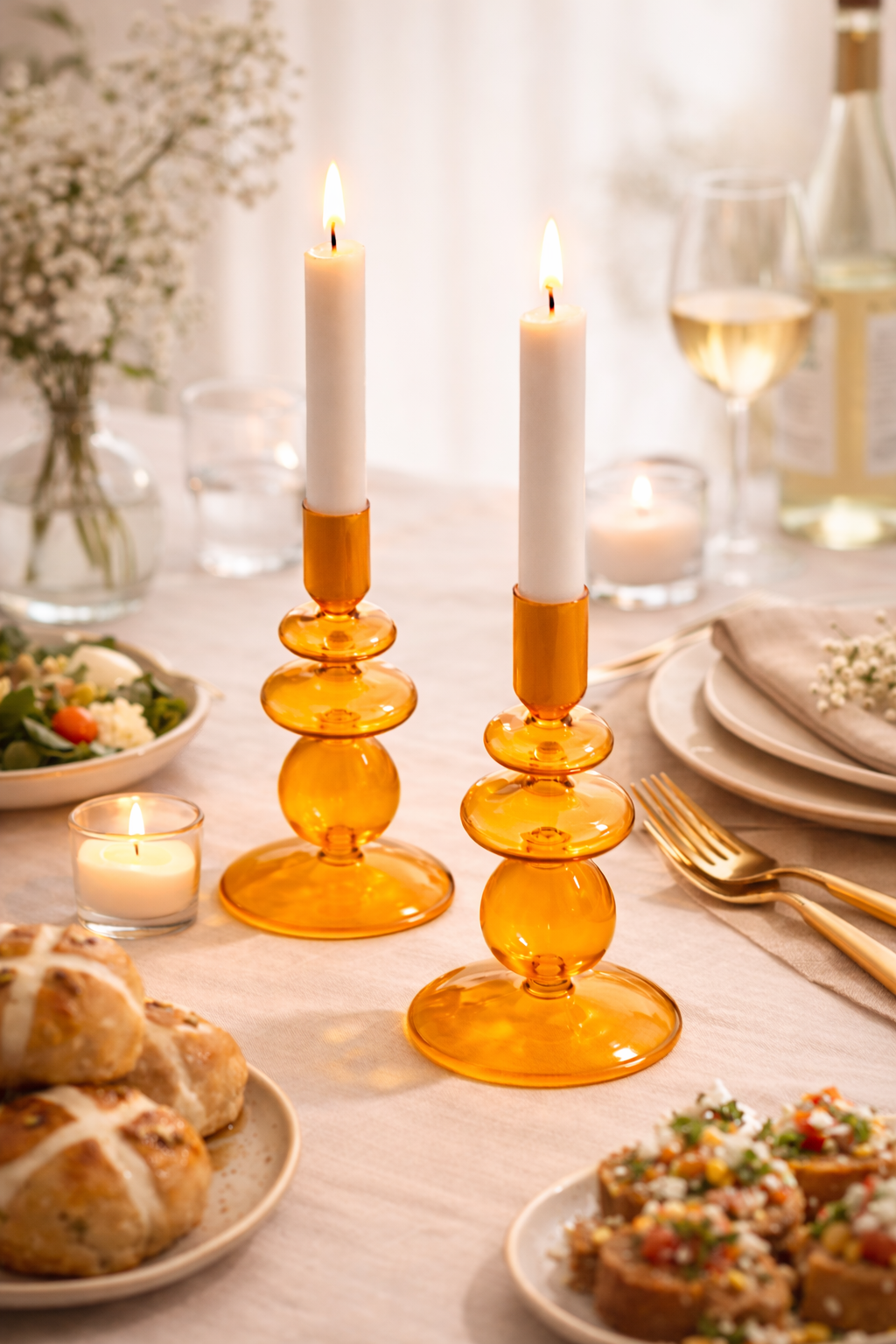 Navaris 2x Glas-Kerzenhalter für Stabkerzen - Kerzenständer Glas Stabkerzen - Kerzenständer Glas Stumpenkerzen - Stab Kerzenhalter 2er Set - Orange