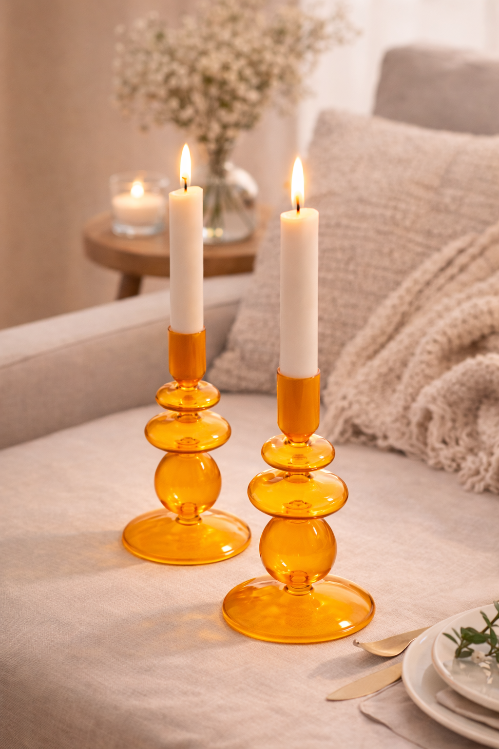 Navaris 2x Glas-Kerzenhalter für Stabkerzen - Kerzenständer Glas Stabkerzen - Kerzenständer Glas Stumpenkerzen - Stab Kerzenhalter 2er Set - Orange