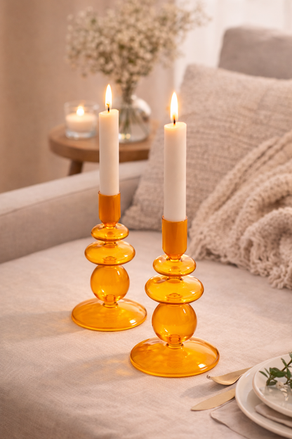 Navaris 2x Glas-Kerzenhalter für Stabkerzen - Kerzenständer Glas Stabkerzen - Kerzenständer Glas Stumpenkerzen - Stab Kerzenhalter 2er Set - Orange