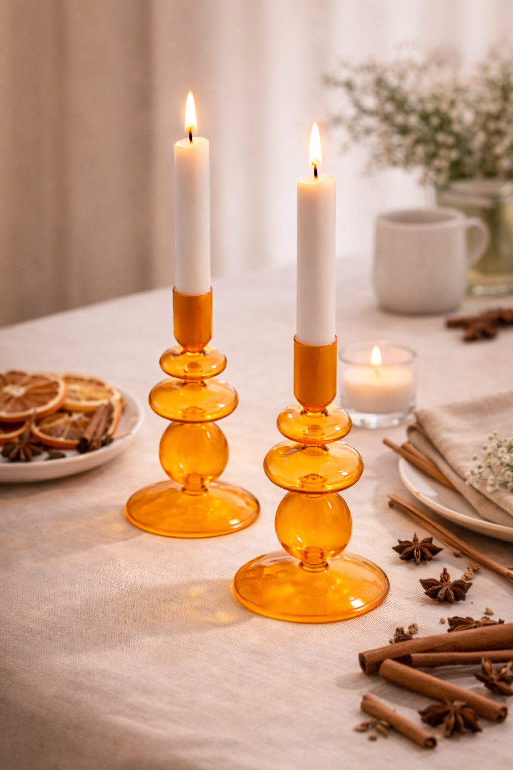 Navaris 2x Glas-Kerzenhalter für Stabkerzen - Kerzenständer Glas Stabkerzen - Kerzenständer Glas Stumpenkerzen - Stab Kerzenhalter 2er Set - Orange