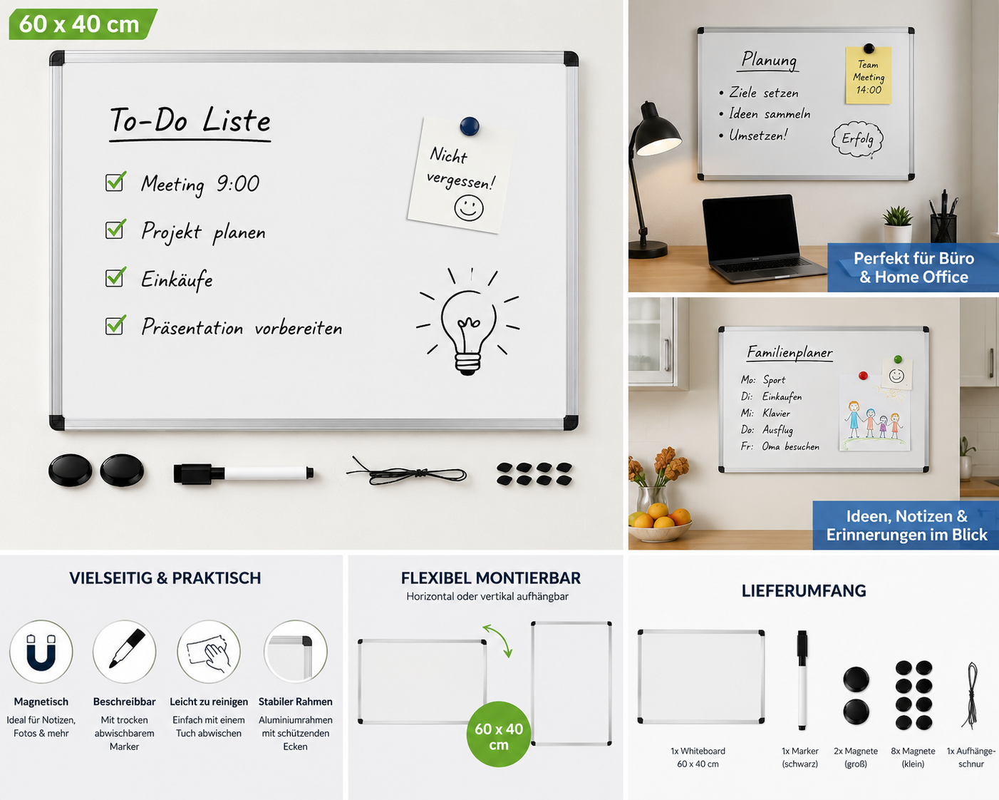 Magnettafel Whiteboard 60x40 beschreibbar Büro Pinnwand inkl Marker