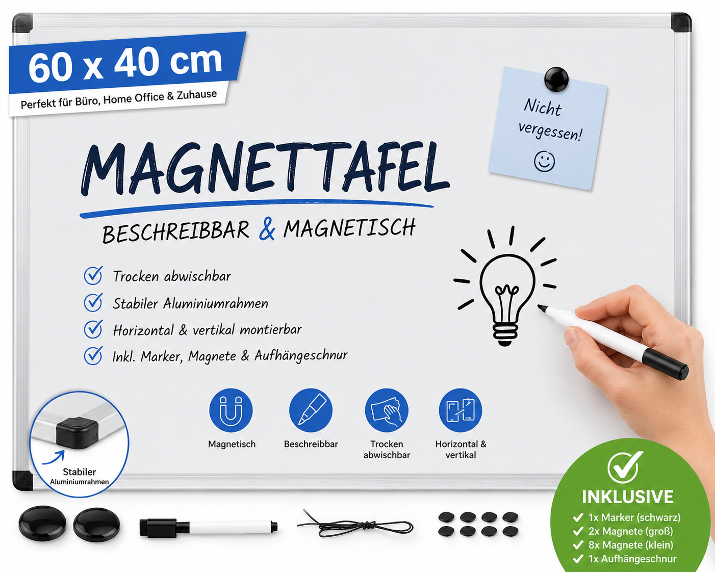 Magnettafel Whiteboard 60x40 beschreibbar Büro Pinnwand inkl Marker