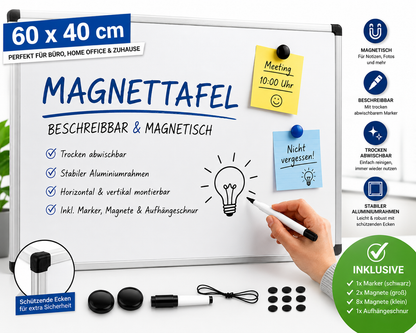 Magnettafel Whiteboard 60x40 beschreibbar Büro Pinnwand inkl Marker