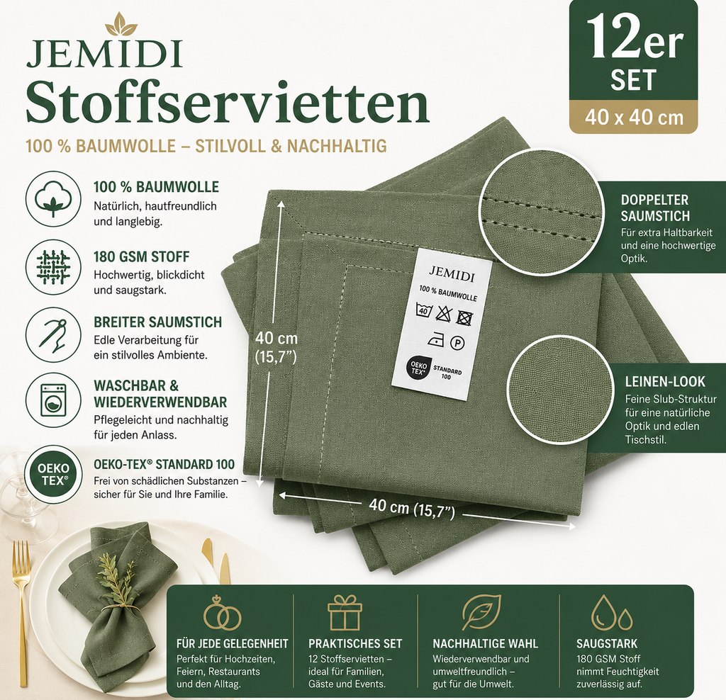 JEMIDI Grüne Baumwollservietten -  12er Set - 100 % Baumwolle - Stoffservietten Baumwolle -Servietten Stoff mit Breiter Saumstich - Tischservietten