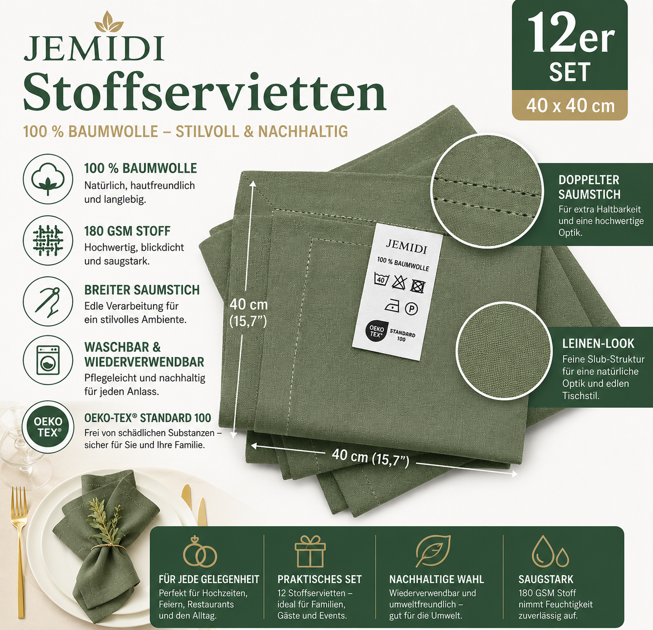 JEMIDI Grüne Baumwollservietten -  12er Set - 100 % Baumwolle - Stoffservietten Baumwolle -Servietten Stoff mit Breiter Saumstich - Tischservietten