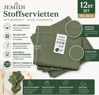 JEMIDI Grüne Baumwollservietten -  12er Set - 100 % Baumwolle - Stoffservietten Baumwolle -Servietten Stoff mit Breiter Saumstich - Tischservietten