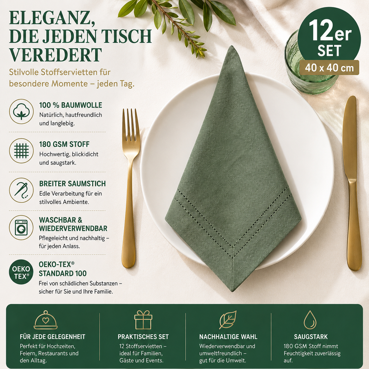 JEMIDI Grüne Baumwollservietten -  12er Set - 100 % Baumwolle - Stoffservietten Baumwolle -Servietten Stoff mit Breiter Saumstich - Tischservietten
