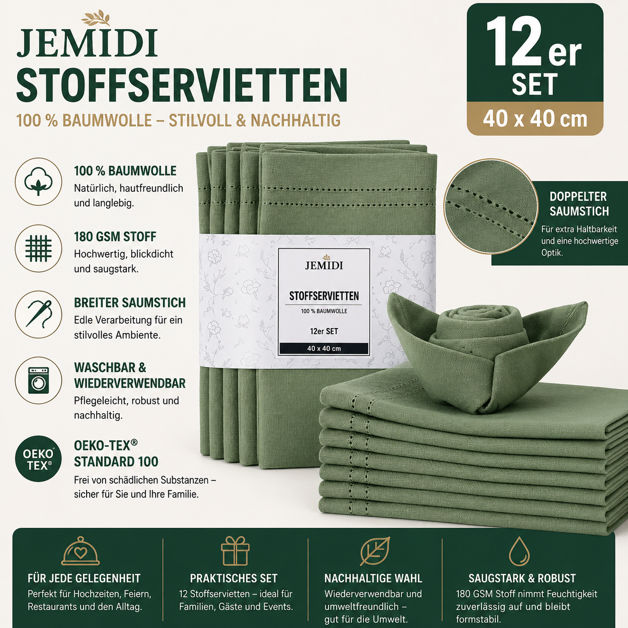 JEMIDI Grüne Baumwollservietten -  12er Set - 100 % Baumwolle - Stoffservietten Baumwolle -Servietten Stoff mit Breiter Saumstich - Tischservietten