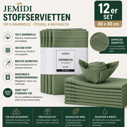 JEMIDI Grüne Baumwollservietten -  12er Set - 100 % Baumwolle - Stoffservietten Baumwolle -Servietten Stoff mit Breiter Saumstich - Tischservietten