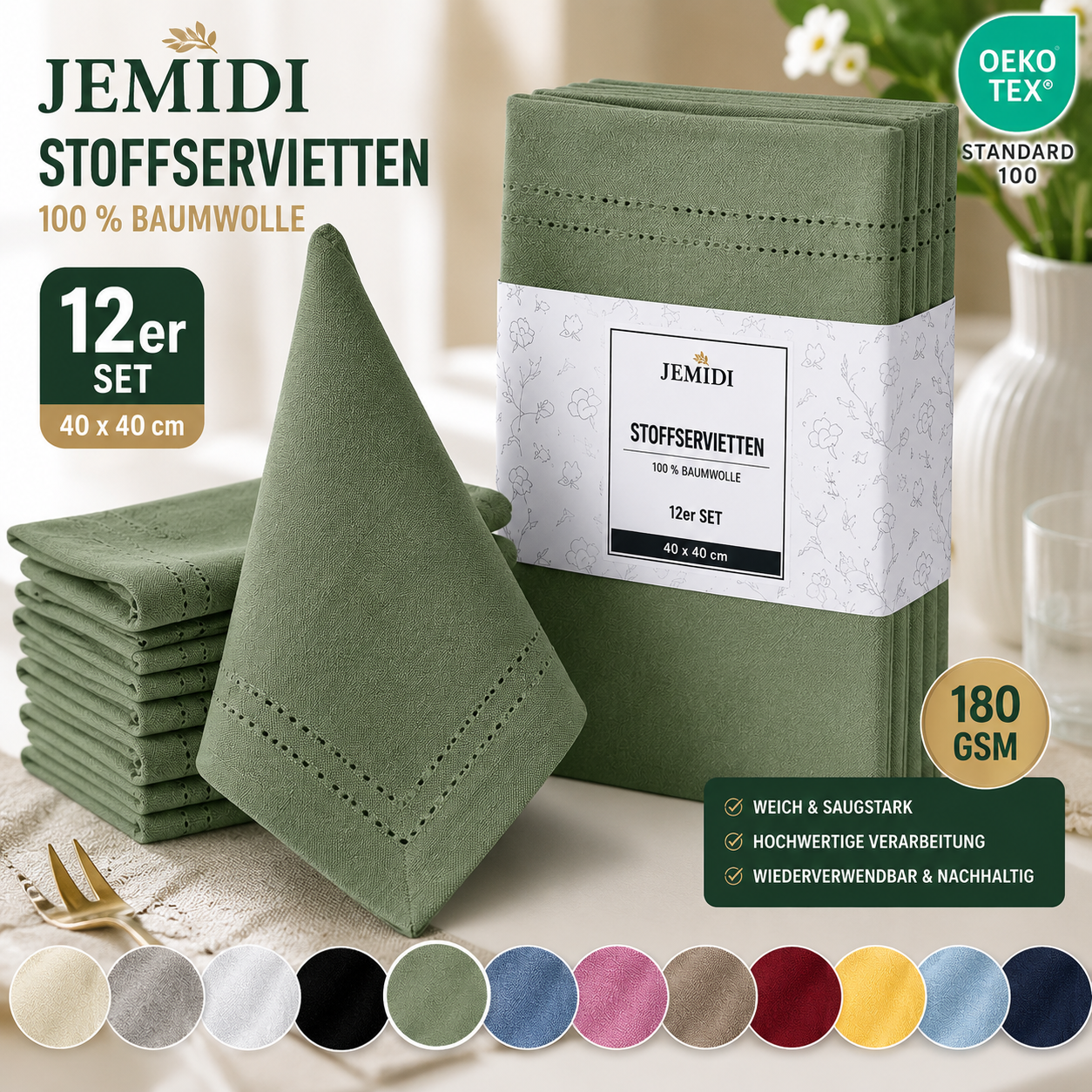 JEMIDI Grüne Baumwollservietten -  12er Set - 100 % Baumwolle - Stoffservietten Baumwolle -Servietten Stoff mit Breiter Saumstich - Tischservietten