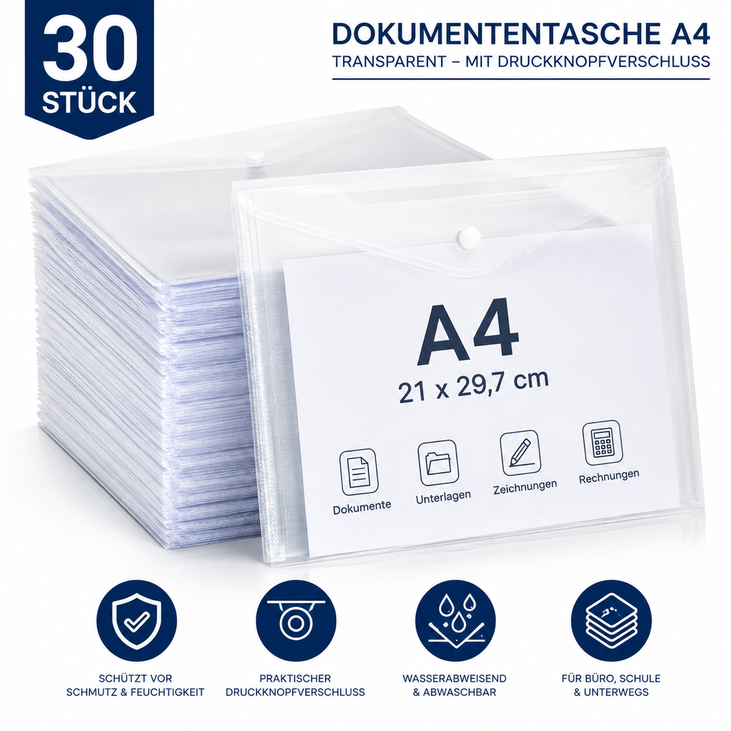 30x Dokumententasche A4 Transparent Druckknopfmappe Kunststoff Aktenmappe