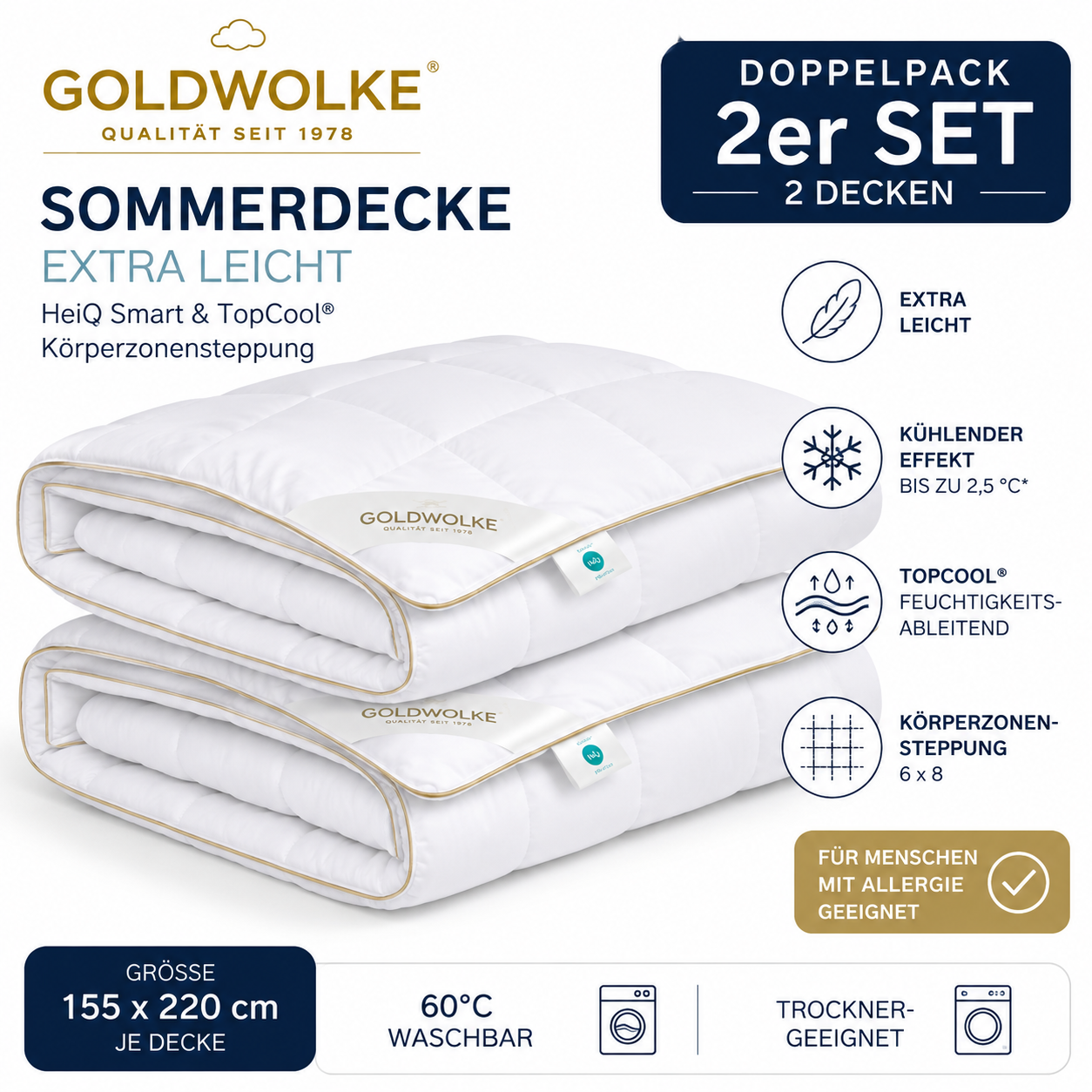 GOLDWOLKE Sommerdecke 2er Set extra leicht HeiQ Smart TopCool Körperzonensteppung