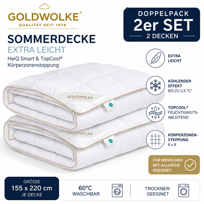 GOLDWOLKE Sommerdecke 2er Set extra leicht HeiQ Smart TopCool Körperzonensteppung