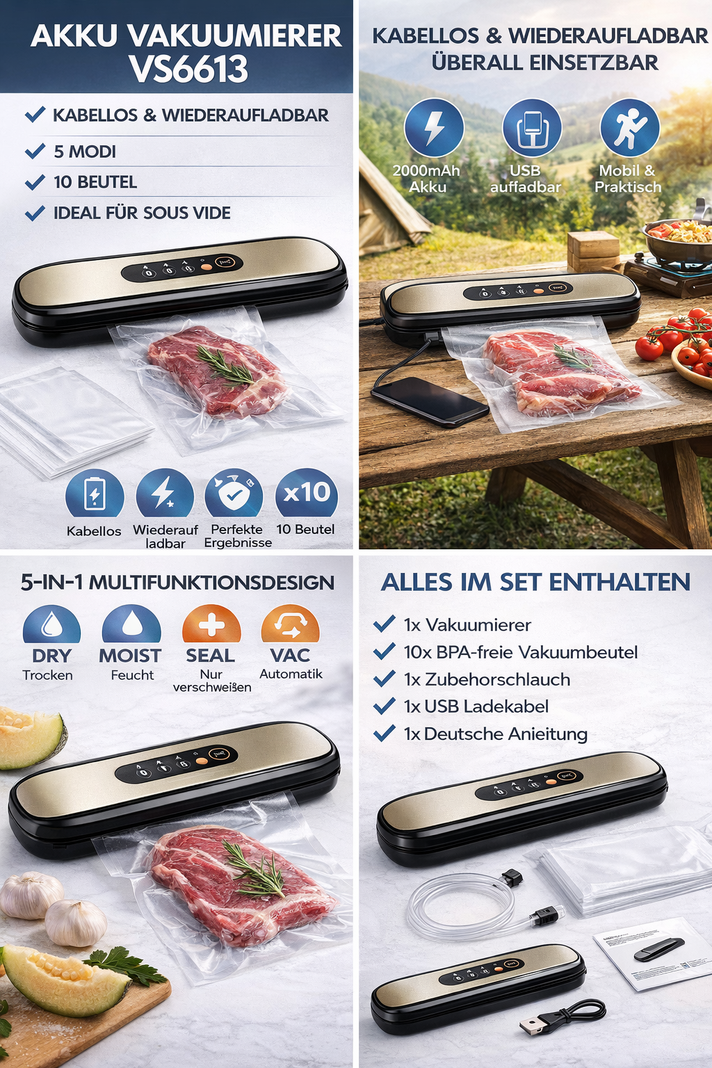 Akku Vakuumierer VS6613 kabellos Sous Vide Folienschweißgerät 10 Beutel