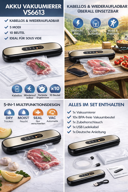 Akku Vakuumierer VS6613 kabellos Sous Vide Folienschweißgerät 10 Beutel