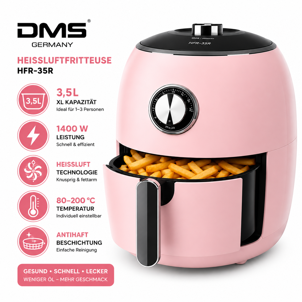 DMS® Retro Heißluftfritteuse HFR-35R 3,5L | 1400W | Fettarm & Knusprig