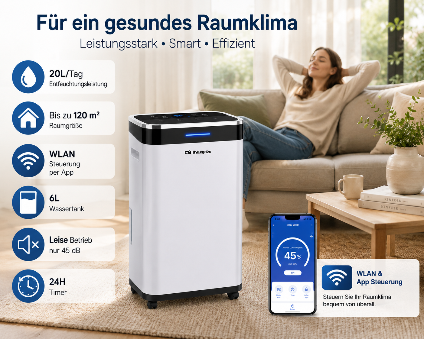 Orbegozo DHW2080 Luftentfeuchter 20L WLAN App 120m² 6L Entfeuchter R290