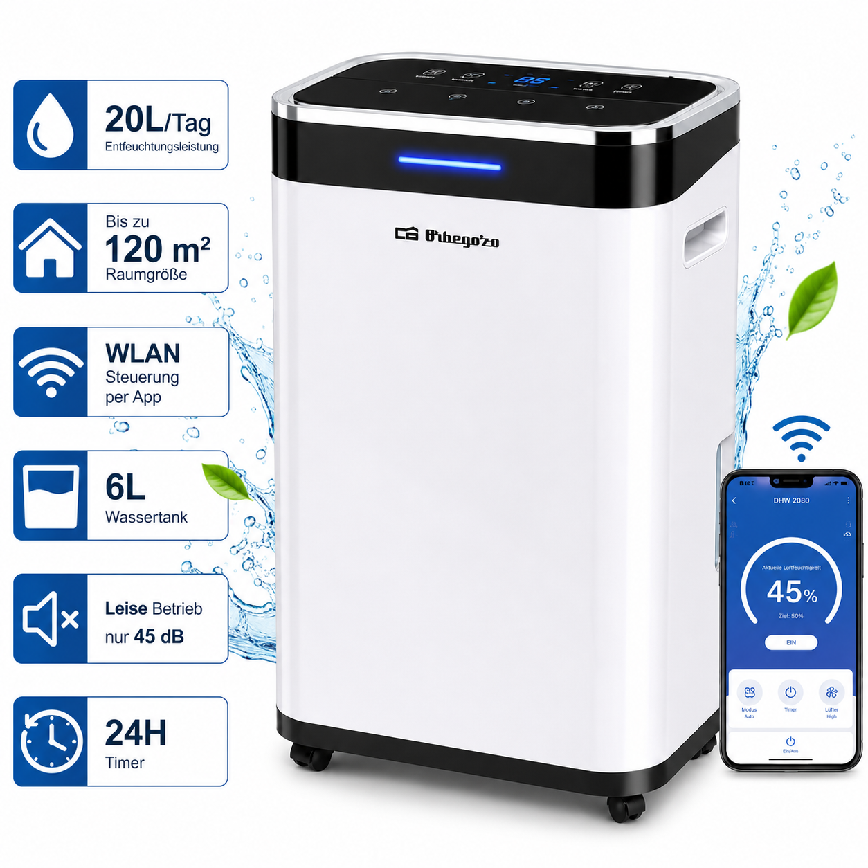 Orbegozo DHW2080 Luftentfeuchter 20L WLAN App 120m² 6L Entfeuchter R290