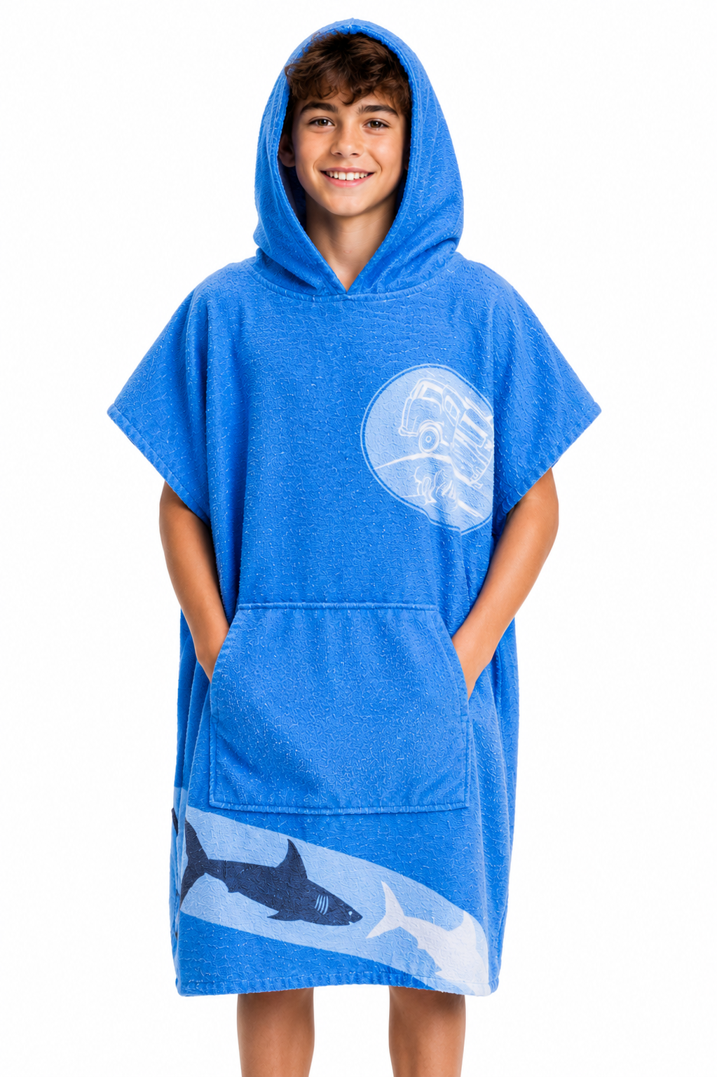 Homelevel Kinder Badeponcho mit Kapuze 10-13 Jahre Baumwolle Blau Strand Schwimmbad