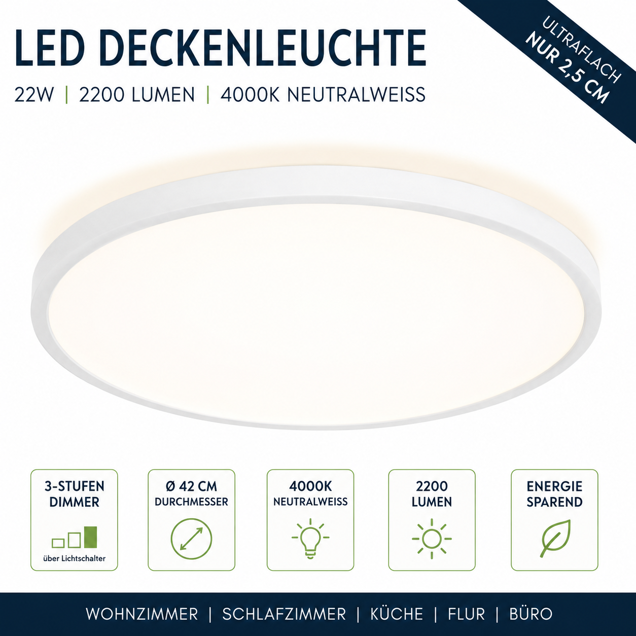 Navaris LED Deckenleuchte 42cm 22W 2200lm 4000K Dimmbar Wohnzimmer Lampe